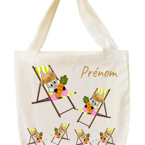 Tote bags, agréable au toucher, motif lapin chapeau de paille, à personnaliser…..