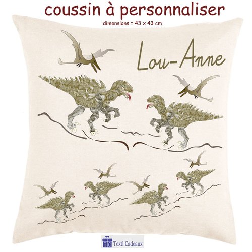 Coussin dinosaure personnalisable avec un prénom exemple lou-anne