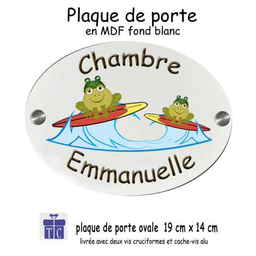 Plaque de porte de chambre grenouille surf personnalisable avec un prénom exemple emmanuelle