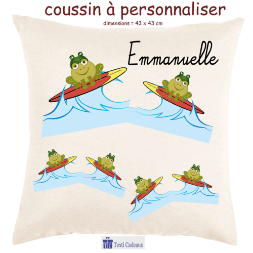 Coussin grenouille surf personnalisable avec un prénom exemple emmanuelle