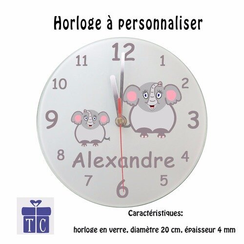 Personnalisez une horloge eléphant avec prénom (ex. alexandre)