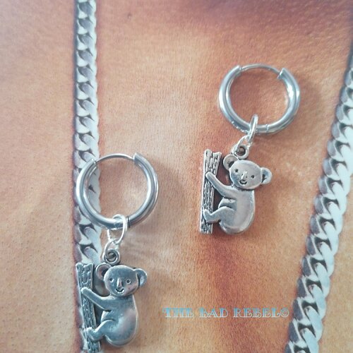 Original boucles d'oreilles creole homme !! koala !! en matiere metal et size 1.5cm x 4cm the bad rebel creation