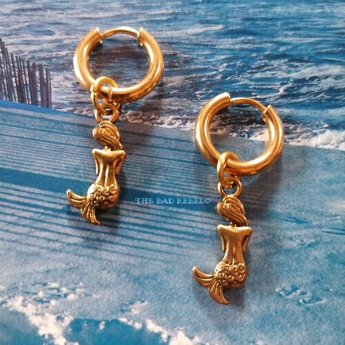 Original boucles d'oreilles creole pour homme !! golden mermaid !! creole en matiere acier inoxydable dore size 1.5cm long 3.5cm