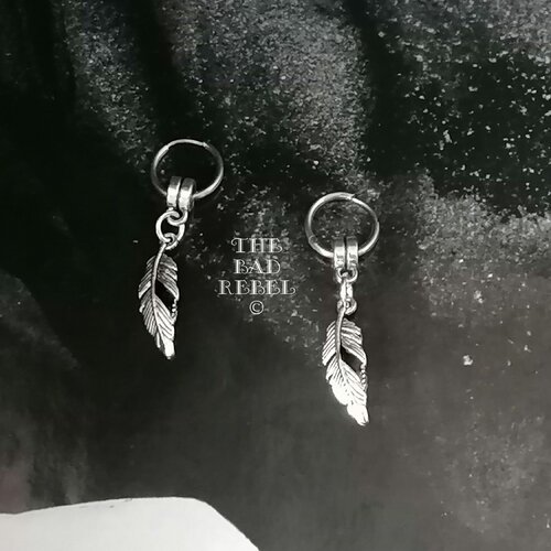 Original boucle d'oreilles creole homme !!feathers !!argente acier inoxydable long t:3cm xcreole 1.3cm the bad rebel collection night silver