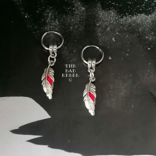 Original boucle d'oreilles creole homme !!feathers !!argente acier inoxydable long t:3cm xcreole 1.3cm the bad rebel collection night silver