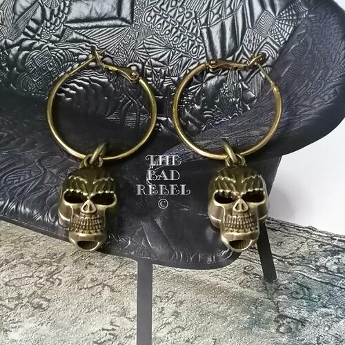 Original boucles d'oreilles creole homme !! skull !! en metal bronze creole t.2.5cm x 2.5cm the bad rebel collection age of bronze