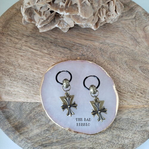 Original créoles en acier noir !! tri cross !! pendentifs en bronze t.2cm x 5cm the bad rebel collection the age of bronze !!