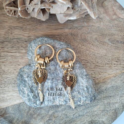 Original créoles viking en acier dore !!golden wings!! pendentifs en acier inoxydable t2cm x 8cm the bad rebel collection vikings!!