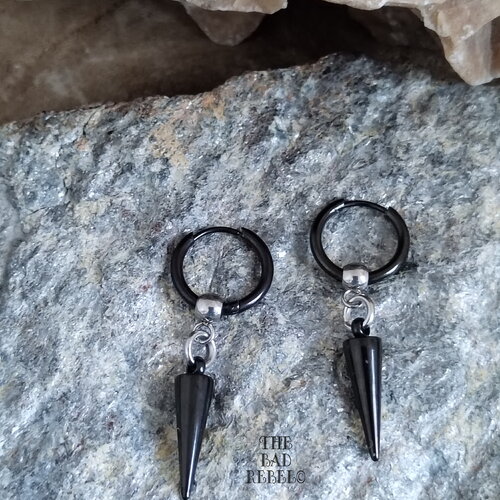 Original boucle d'oreilles creole homme !! dark spike!! noir en acier inoxydable t:1.3cm the bad rebel collection dark mode