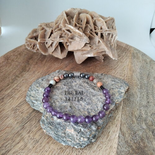 Original bracelet perles en pierre naturelles perles chakra violet et hematite t.18cm élastique the bad rebel collection chakra