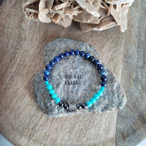 Original bracelet perles en pierre naturelles perles chakra bleu et hematite t.18cm élastique the bad rebel collection chakra