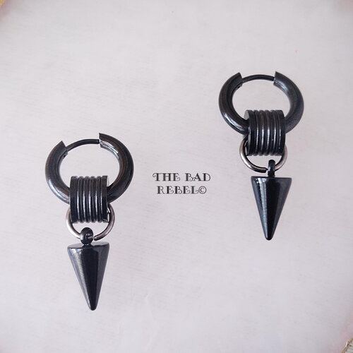 Boucles d'oreilles creoles alternative homme !! dark spike!! noir en acier inoxydable t.3.4cm x 1.5 the bad rebel collection dark mode