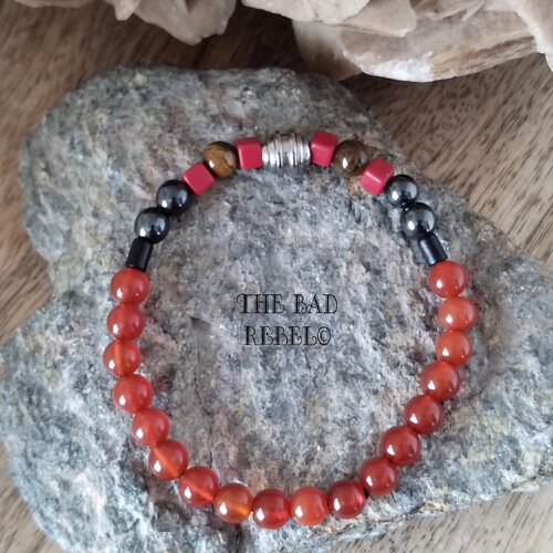 Bracelet alternatif élastique perles rondes rouge et hématite taille 17cm the bad rebel collection