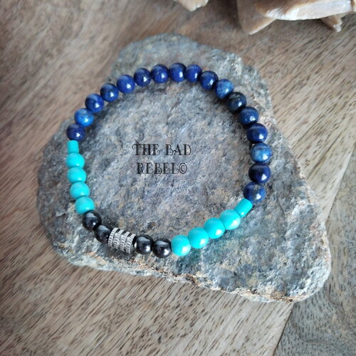Bracelet alternatif élastique perles rondes bleu et hématite taille 18cm the bad rebel collection