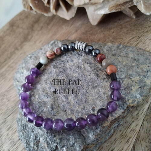 Bracelet alternatif élastique perles rondes violettes et hématite taille 18cm the bad rebel collection