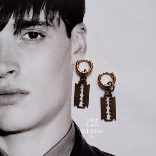Original boucles d'oreilles creole !! razor blade !! retro patine ancienne metal bronze t.3.5cm x 1.2cm the bad rebel collection boho chic