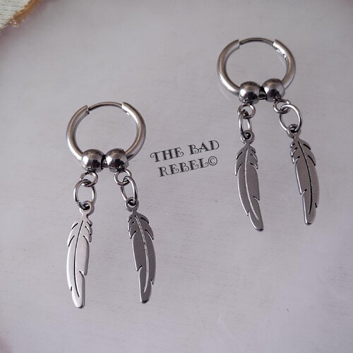 Originales boucles d'oreilles créoles alternative homme silver wings en acier inoxydable argente t.1cm x 3cm the bad rebel collection
