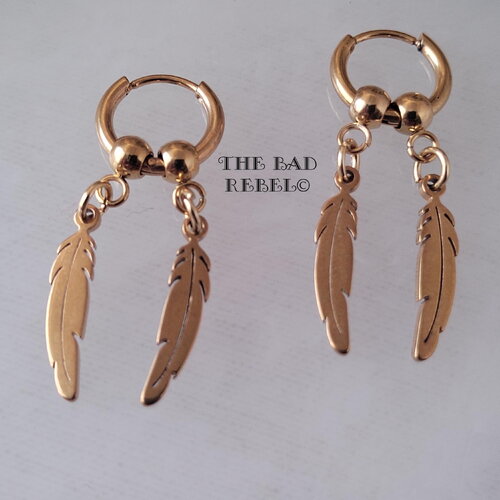 Originales boucles d'oreilles créoles alternative homme !!golden wings! en acier inoxydable dore t.1cm x 3cm the bad rebel collection golden