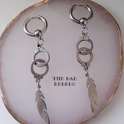 Original alternative men's hoop earrings !!handcuff wings!! in silver stainless steel t.1.7cm x 8cm the bad rebel