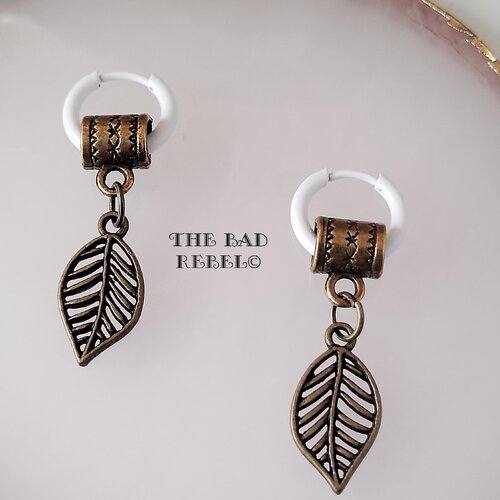 Originales créoles alternative homme en acier inoxydable blanc !!bronze leaf !! pendentifs feuilles bronze t1.3cm x 3.5cm collection vikings