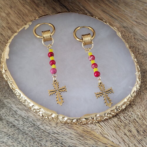 Original créoles acier inoxydable !!cross!! pendentifs en acier inoxydable dore t1.6cm x 7cm the bad rebel collection golden!!