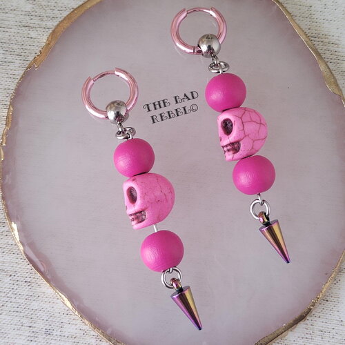 Original boucle d'oreilles creole !! skull point !! pearls howlite rose et multi long t 7cm x 1.3cm the bad rebel collection skulls