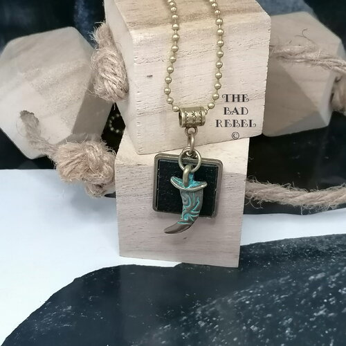 Original collier !! dent !! dent,dague retro patine chain a billes boules bronze long 44cm pendant 2cm x 2cm the bad rebel the age of bronze