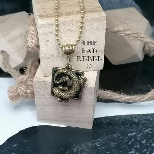 Original collier homme !! lizard !! chain a billes boules bronze long 44cm pendant 2cm x 2cm the bad rebel collection the age of bronze