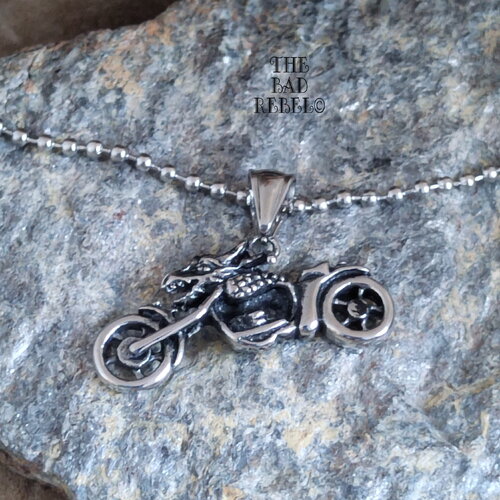Original collier petite moto tête de mort en acier inoxydable collier en acier inoxydable argente long 61cm the bad rebel collection