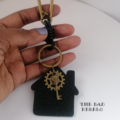 Original porte-cles homme alternative !! home skull !! tete de mort cle bronze cuir noir t.16cm x 5.5cm the bad rebel collection boho chic