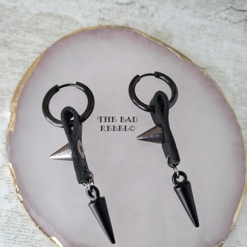 Boucles d'oreilles creoles alternative noir homme !double spike! en cuir et acier inoxydable t.7cm x 1.8cm the bad rebel collection