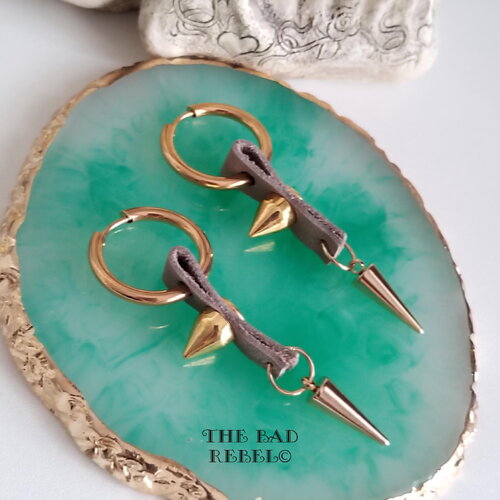 Original creoles plaque or 14kt homme !! double spike !! beige en cuir et acier inoxydable long t6.cm x 2.cm the bad rebel collection