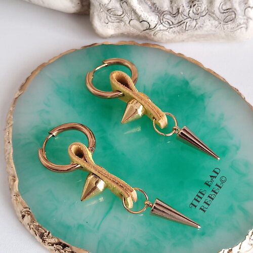 Original creoles placage or 14kt homme !! double spike !! jaune en cuir et acier inoxydable long t.5.5cm x 1.8cm the bad rebel collection