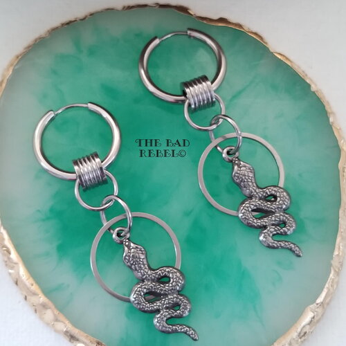 Original creole men's earrings !! snakes !! silver stainless steel t2cm x 6cm the bad rebel collection snakes