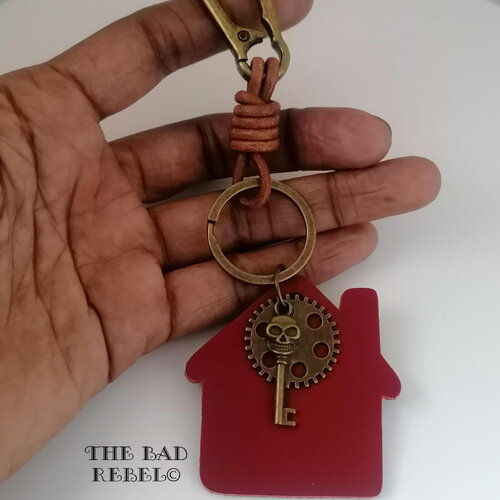 Original porte-clés alternative homme !! home skull! tete de mort cle bronze cuir bordeaux t.16cm x 5.5cm the bad rebel collection boho chi