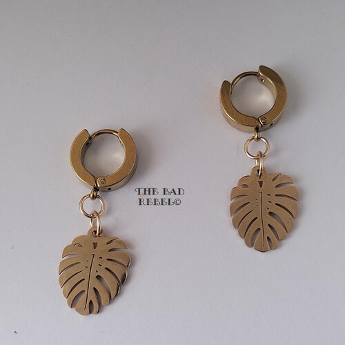 Original créoles acier inoxydable dore !! feuille monstera!! pendentifs en acier inoxydable t1.3cm x 3.5cm the bad rebel collection golden!!