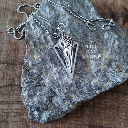 Original collier !! bird skull !! pendentif crane d'oiseau avec gravure viking en laiton acier inoxydable long 48cm the bad rebel collection