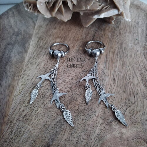 Original  boucle d'oreilles creole !! bird leaf !!homme argente t.9.5cm x 2cm acier inoxydable the bad rebel collection boho chic