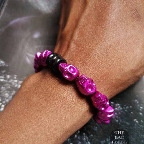 Original bracelet !! skully !! rose t.18cm perles tete de mort rose élastiquée bad rebel collection boho chic