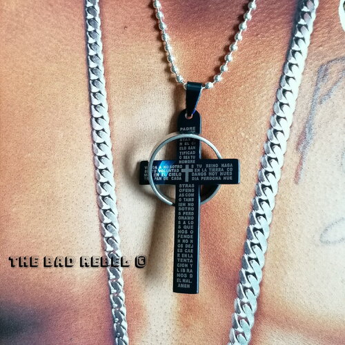 Original collier homme !! cross ring !! chain a billes boules argente long 50cm pendant 6cmx 3cm the bad rebel collection boho chic