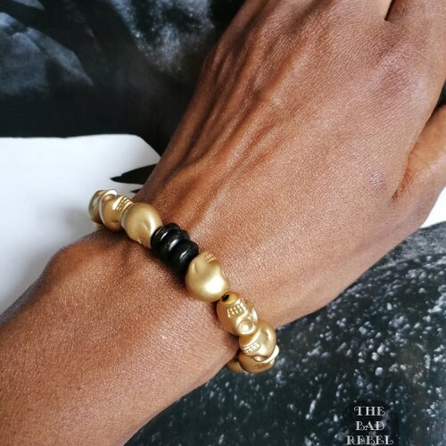 Original bracelet !! skully !! golden t.18cm dore noir perles tete de mort élastiquée bad rebel collection
