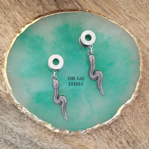 Original ecarteurs d'oreilles tunnels bouchons acier inoxydable !! snakes !! pendentifs en acier inoxydable argente t6.mm long 4.5cm