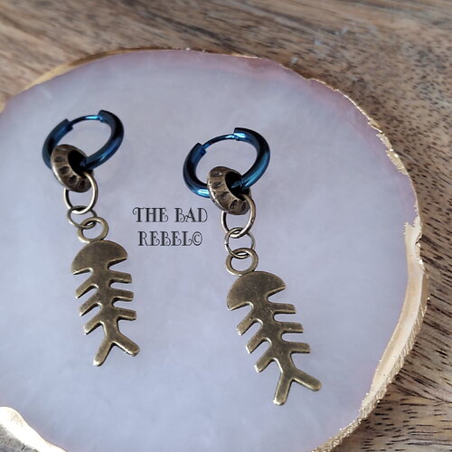 Original créoles en acier bleu bronze !! fishbone!! pendentifs bronze t. 1.5cm x 5cm the bad rebel collection the age of bronze !!