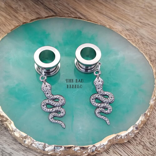 Original ecarteurs d'oreilles tunnels bouchons acier !! snakes !! pendentifs en acier inoxydable argente t.10mm long 4cm the bad rebel