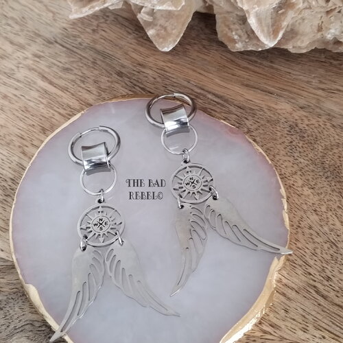 Original créoles acier inoxydable argente !!compus wings !! pendentifs en acier inoxydable t1.8cm x 7,5cm the bad rebel collection vikings!!