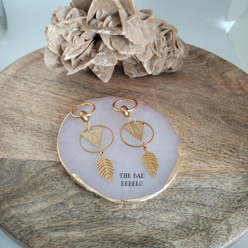 Original créoles acier inoxydable !! triangle feather !! pendentifs en acier inoxydable dore t2cm x 7.5cm the bad rebel collection golden!!
