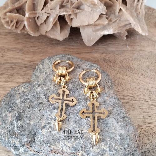 Original créoles acier inoxydable !!golden cross !! pendentifs en acier inoxydable doret1.5cm x 6cm the bad rebel collection vikings!!