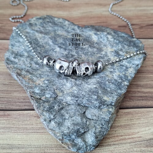 Original collier !! skulls !! pendentif crane en acier inoxydable argente chaîne à billes long 58cm the bad rebel collection