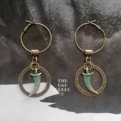 Original boucles d'oreilles creole homme !! dent !! dent,retro patine ancienne metal bronze t.8cm x 3.5cm the bad rebel collection boho chic