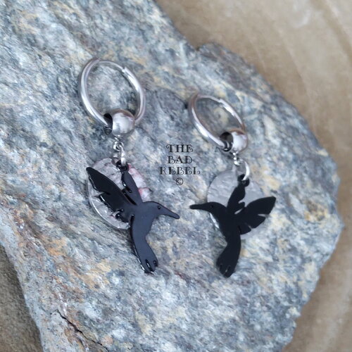 Original boucle d'oreilles creole !! colibri !! homme acier inoxydable argente t4cm x 1.5cm the bad rebel collection boho chic